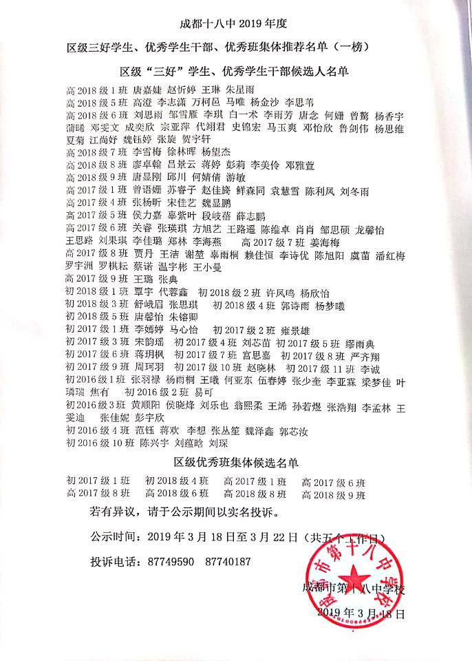 2019年度區(qū)級三好學生、優(yōu)秀學生干部、優(yōu)秀班集體推薦名單 2019年度區(qū)級三好學生、優(yōu)秀學生干部、優(yōu)秀班集體推薦名單