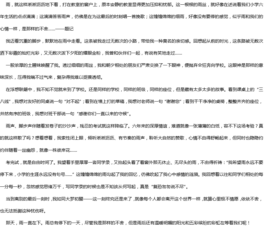 2020年中考滿分作文參考范文：那天，雨一直下